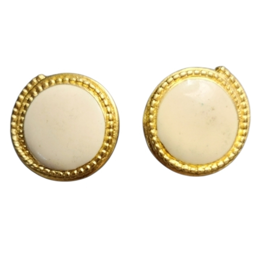 Trifari Goldtone Cream Enamel Stud Earrings